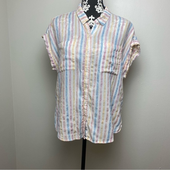 Lucky Brand Split Back Striped Button Front Lightweight Top - Picture 1 of 15
